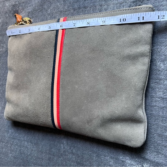 Clare V. Suede Gray Clutch Bag Black Pink Red Leather Stripes Gold Tone Charm